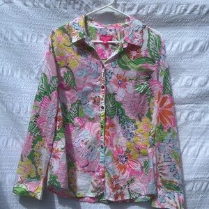 Lilly Pulitzer Pink and Green Floral Button Down Shirt Large